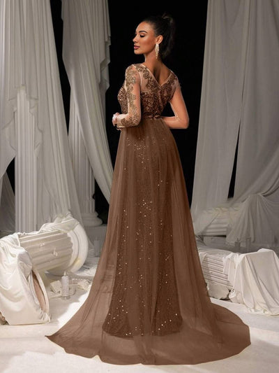 Cocolii longue robe de soirée femme dentelle sirène brillante paillette avec sur-jupe en tulle manches longues cérémonie