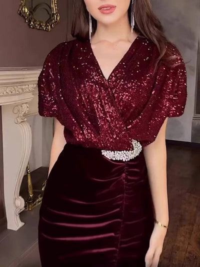 Cocolii longue robe de soirée femme brillante paillette v-cou manches courtes et jupe velours moulante élégant cérémonie