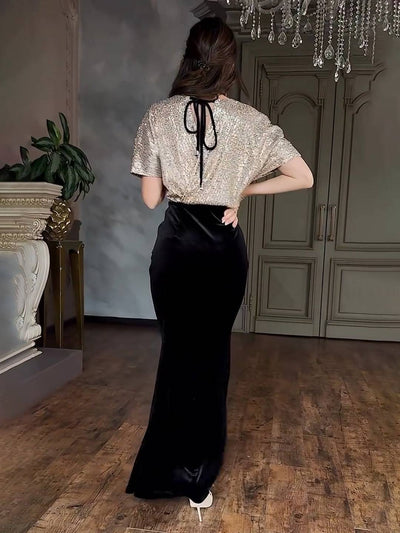 Cocolii longue robe de soirée femme brillante paillette v-cou manches courtes et jupe velours moulante élégant cérémonie