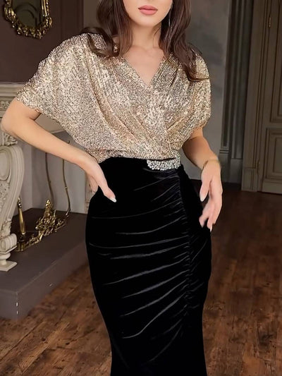 Cocolii longue robe de soirée femme brillante paillette v-cou manches courtes et jupe velours moulante élégant cérémonie