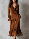 Cocolii robe longue velours femme marron dentelle à volantée v-cou manches longues décontracté vintage de noël