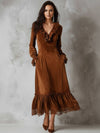 Cocolii robe longue velours femme marron dentelle à volantée v-cou manches longues décontracté vintage de noël