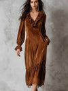 Cocolii robe longue velours femme marron dentelle à volantée v-cou manches longues décontracté vintage de noël