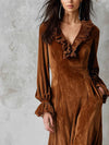 Cocolii robe longue velours femme marron dentelle à volantée v-cou manches longues décontracté vintage de noël