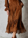 Cocolii robe longue velours femme marron dentelle à volantée v-cou manches longues décontracté vintage de noël