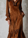 Cocolii robe longue velours femme marron dentelle à volantée v-cou manches longues décontracté vintage de noël