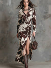 Cocolii robe longue chemise femme imprimé vache marron blanc irrégulière fendu le côté manches longues vintage cowgirl western