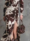 Cocolii robe longue chemise femme imprimé vache marron blanc irrégulière fendu le côté manches longues vintage cowgirl western