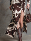Cocolii robe longue chemise femme imprimé vache marron blanc irrégulière fendu le côté manches longues vintage cowgirl western