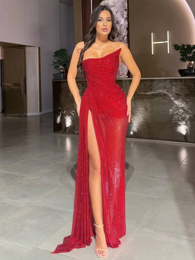 Cocolii longue robe de soirée moulante brillante paillette bustier fendu le côté élégant bal anniversaire cérémonie