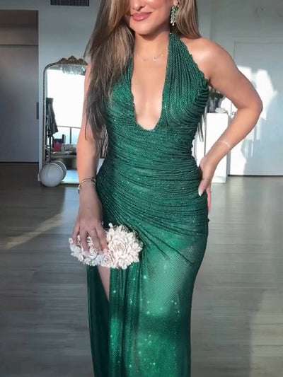 Cocolii robe longue de soirée brillante paillette fendu le côté licou dos nu moulante femme élégant anniversaire cérémonie bal