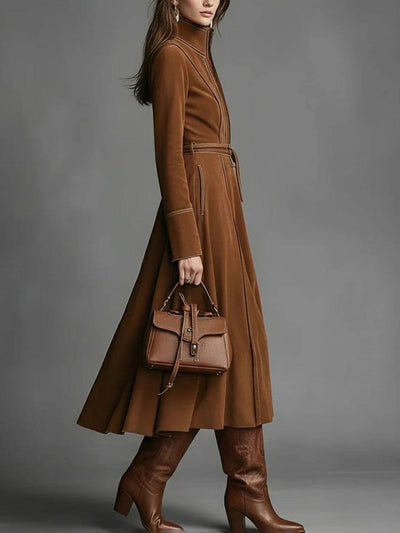 Cocolii robe longue femme daim col montant fermeture éclair manches longues poches élégant bohème décontracté cérémonie