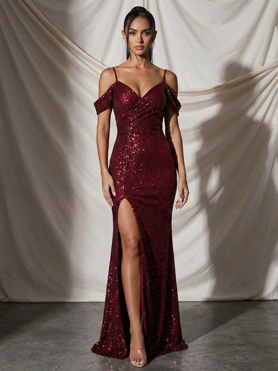 Cocolii robe de soirée longue brillante paillette fendu épaules dénudées élégant tenue chic mariage bal anniversaire