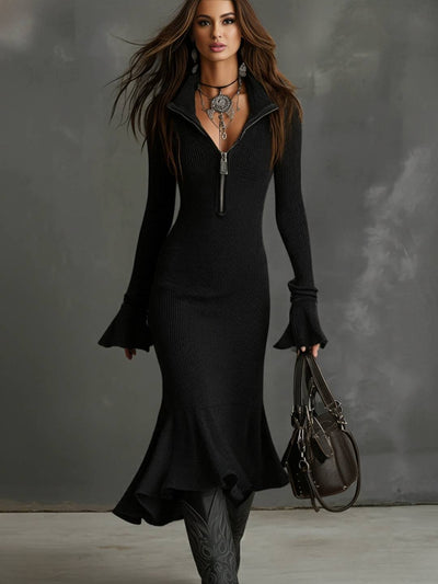 Cocolii robe pull longue femme fermeture éclair robe tricot moulante trapèze à volantée sirene manches évasées tenue hiver chic