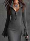 Cocolii robe pull longue femme fermeture éclair robe tricot moulante trapèze à volantée sirene manches évasées tenue hiver chic