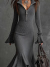 Cocolii robe pull longue femme fermeture éclair robe tricot moulante trapèze à volantée sirene manches évasées tenue hiver chic