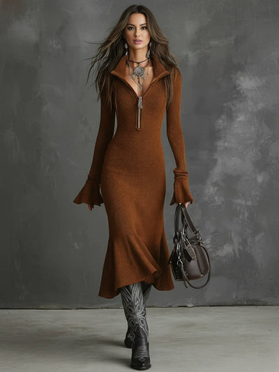 Cocolii robe pull longue femme fermeture éclair robe tricot moulante trapèze à volantée sirene manches évasées tenue hiver chic