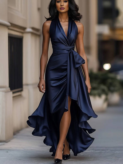 Cocolii robe longue en satin robe de soirée licou fendu irrégulière à volantée femme décontracté de cocktail bal de promo