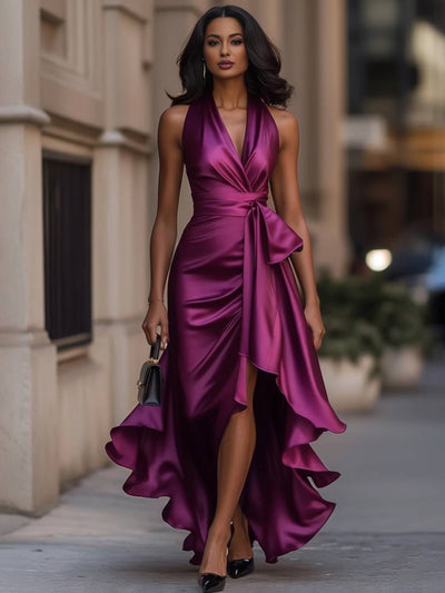 Cocolii robe longue en satin robe de soirée licou fendu irrégulière à volantée femme décontracté de cocktail bal de promo