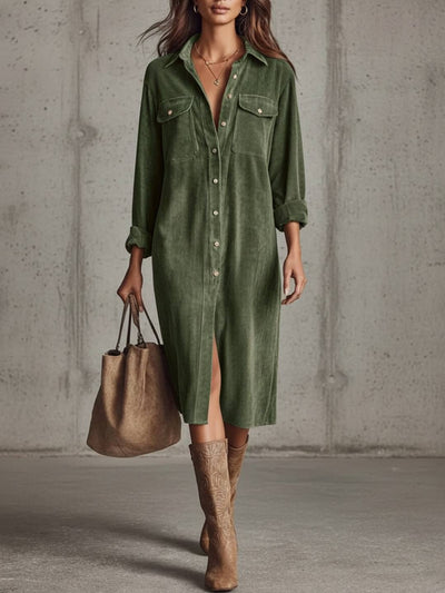 Cocolii robe longue en velours cotelé boutonnage manches longues femme décontracté ample style boyfriend chemise robe