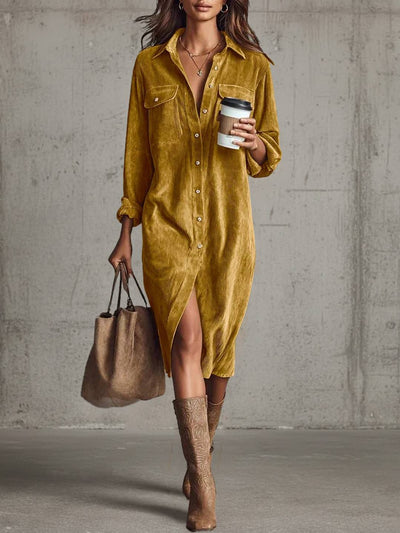 Cocolii robe longue en velours cotelé boutonnage manches longues femme décontracté ample style boyfriend chemise robe