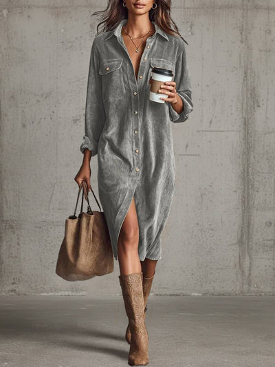 Cocolii robe longue en velours cotelé boutonnage manches longues femme décontracté ample style boyfriend chemise robe