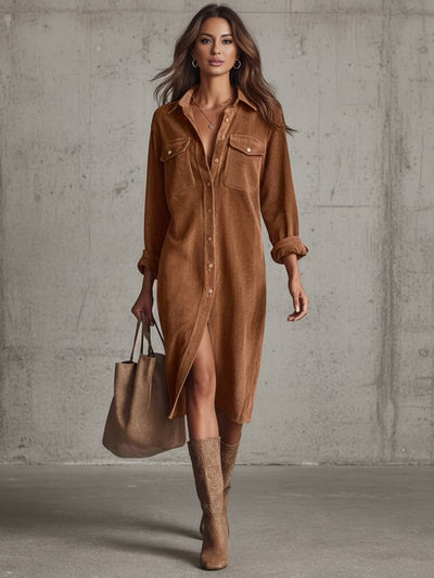 Cocolii robe longue en velours cotelé boutonnage manches longues femme décontracté ample style boyfriend chemise robe