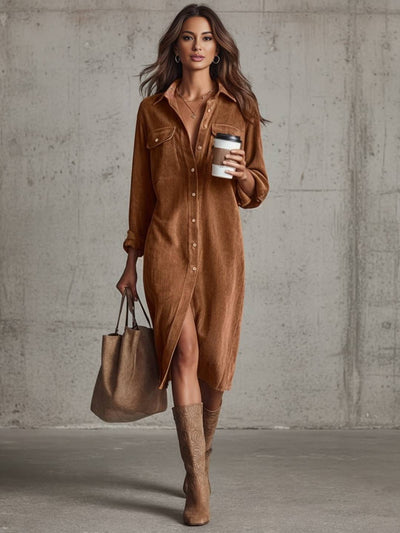 Cocolii robe longue en velours cotelé boutonnage manches longues femme décontracté ample style boyfriend chemise robe