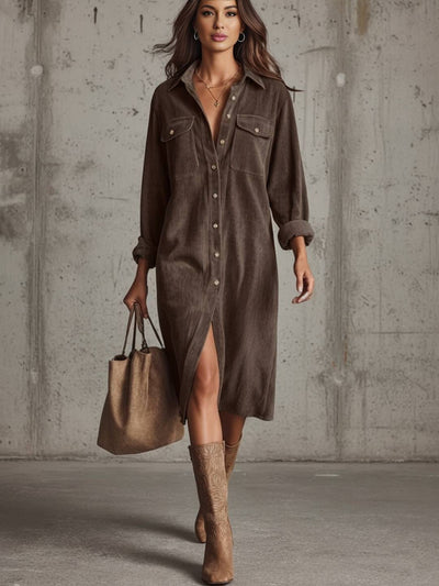 Cocolii robe longue en velours cotelé boutonnage manches longues femme décontracté ample style boyfriend chemise robe