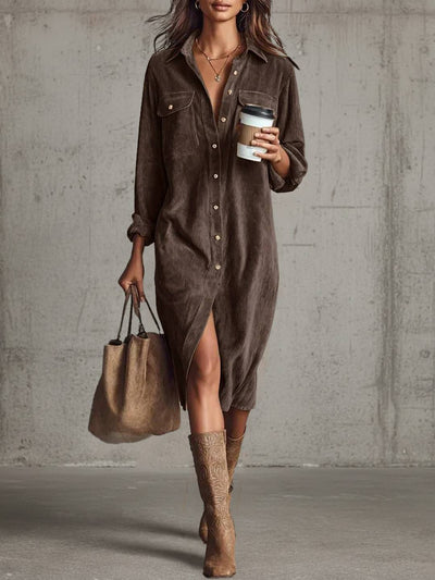 Cocolii robe longue en velours cotelé boutonnage manches longues femme décontracté ample style boyfriend chemise robe