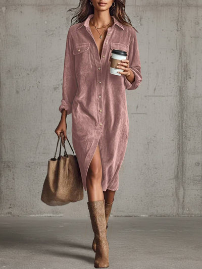 Cocolii robe longue en velours cotelé boutonnage manches longues femme décontracté ample style boyfriend chemise robe