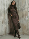 Cocolii longue robe femme suédine col roulé robe moulante manches longues élégant gothique décontracté vintage hiver tenue