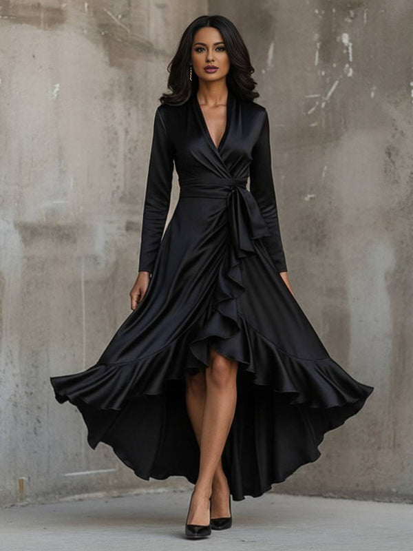 Cocolii longue robe de soirée femme en satin v-cou irrégulière à volantée manches longues élégant décontracté fete mariage