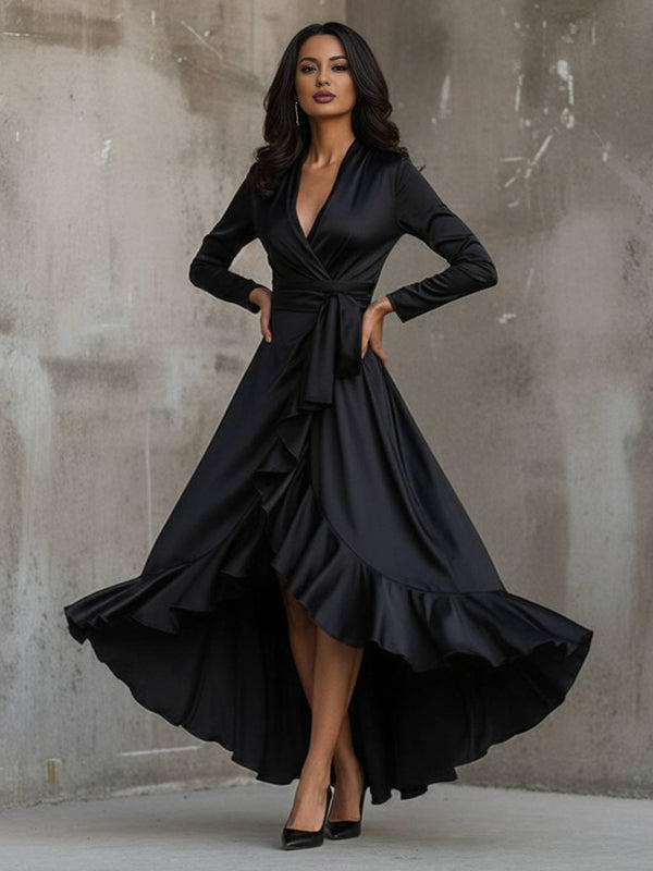 Cocolii longue robe de soirée femme en satin v-cou irrégulière à volantée manches longues élégant décontracté fete mariage