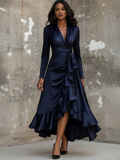 Cocolii longue robe de soirée femme en satin v-cou irrégulière à volantée manches longues élégant décontracté fete mariage