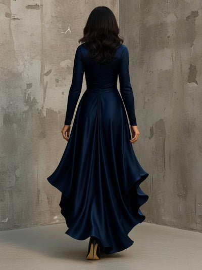 Cocolii longue robe de soirée femme en satin v-cou irrégulière à volantée manches longues élégant décontracté fete mariage