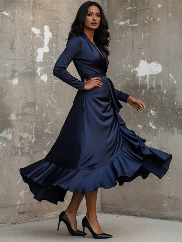 Cocolii longue robe de soirée femme en satin v-cou irrégulière à volantée manches longues élégant décontracté fete mariage