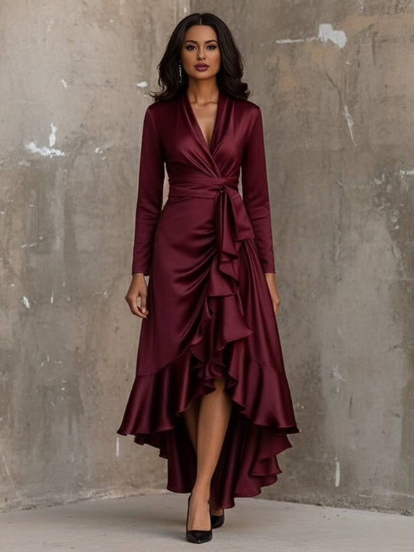 Cocolii longue robe de soirée femme en satin v-cou irrégulière à volantée manches longues élégant décontracté fete mariage