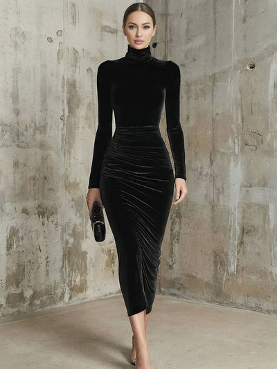 Cocolii longue robe velours femme col montant moulante robe soirée manches longues froncée taille haute élégant chic hiver