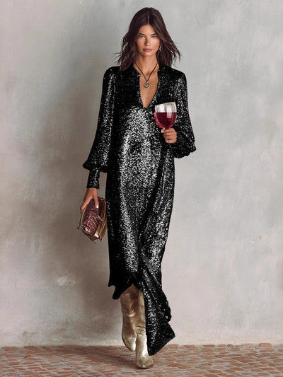 Cocolii robe longue brillante paillette fendu v-cou manches bishop manches longues femme élégant pour soirée fête cocktail
