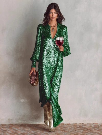 Cocolii robe longue brillante paillette fendu v-cou manches bishop manches longues femme élégant pour soirée fête cocktail