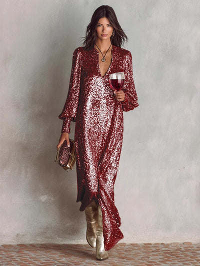 Cocolii robe longue brillante paillette fendu v-cou manches bishop manches longues femme élégant pour soirée fête cocktail