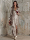 Cocolii robe longue brillante paillette fendu v-cou manches bishop manches longues femme élégant pour soirée fête cocktail