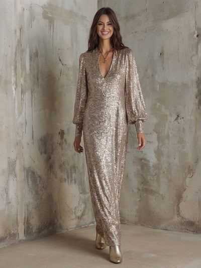 Cocolii robe longue brillante paillette fendu v-cou manches bishop manches longues femme élégant pour soirée fête cocktail