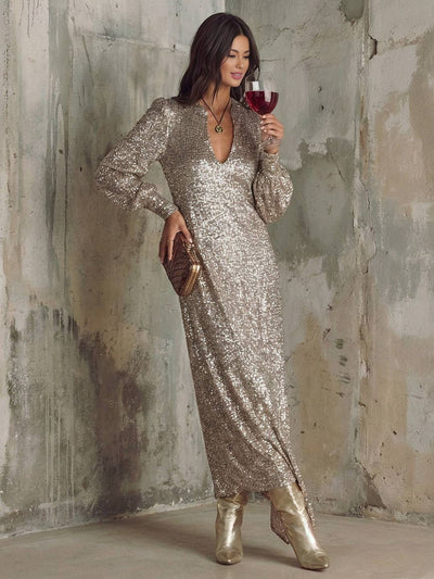 Cocolii robe longue brillante paillette fendu v-cou manches bishop manches longues femme élégant pour soirée fête cocktail