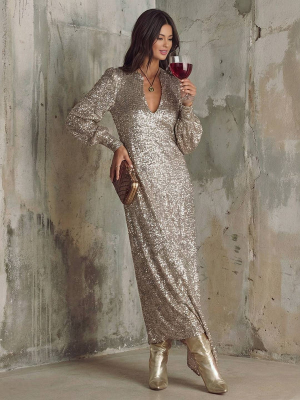 Cocolii robe longue brillante paillette fendu v-cou manches bishop manches longues femme élégant pour soirée fête cocktail