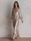 Cocolii robe longue brillante paillette fendu v-cou manches bishop manches longues femme élégant pour soirée fête cocktail