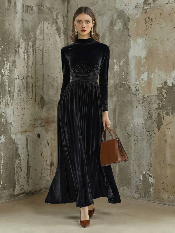 Cocolii robe longue moulante velours col montant manches longues femme élégant décontracté vintage bal de promo hiver