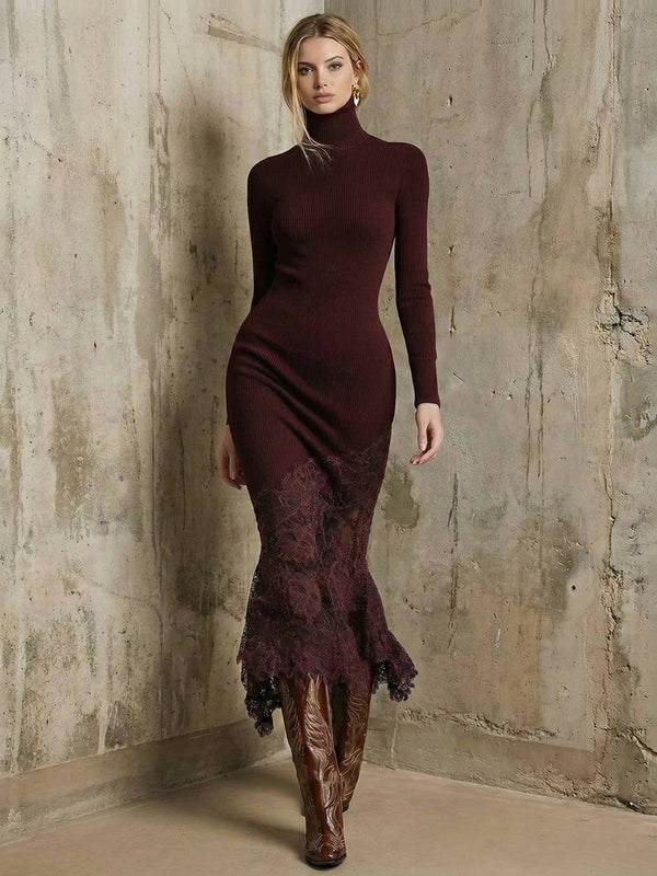 Cocolii longue robe pull tricot femme col roulé robe moulante avec en dentelle manches longues évasée sirene vintage de soirée