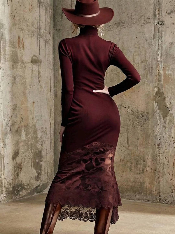 Cocolii longue robe pull tricot femme col roulé robe moulante avec en dentelle manches longues évasée sirene vintage de soirée